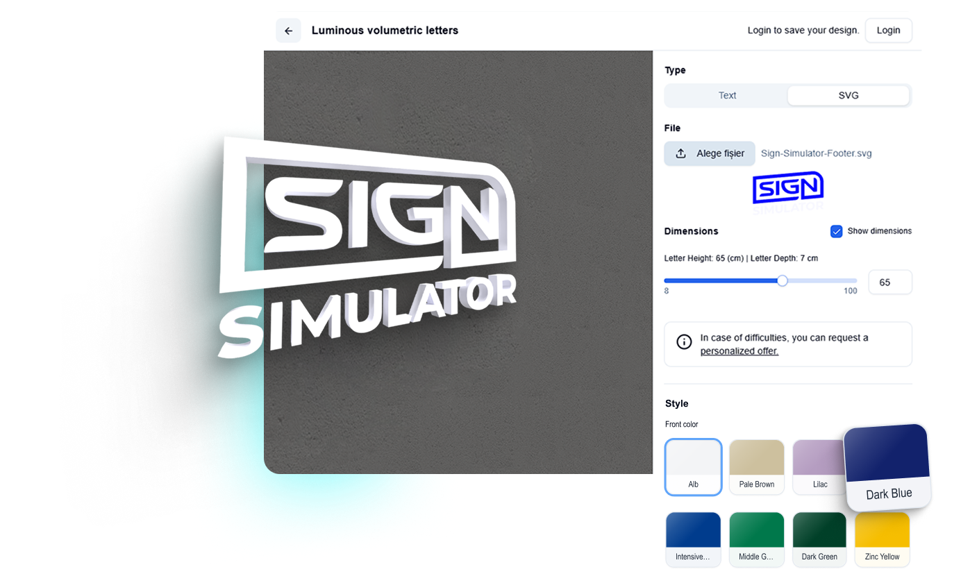 Sign Simulator Product Interface showing the luminous volumetric letters configurator